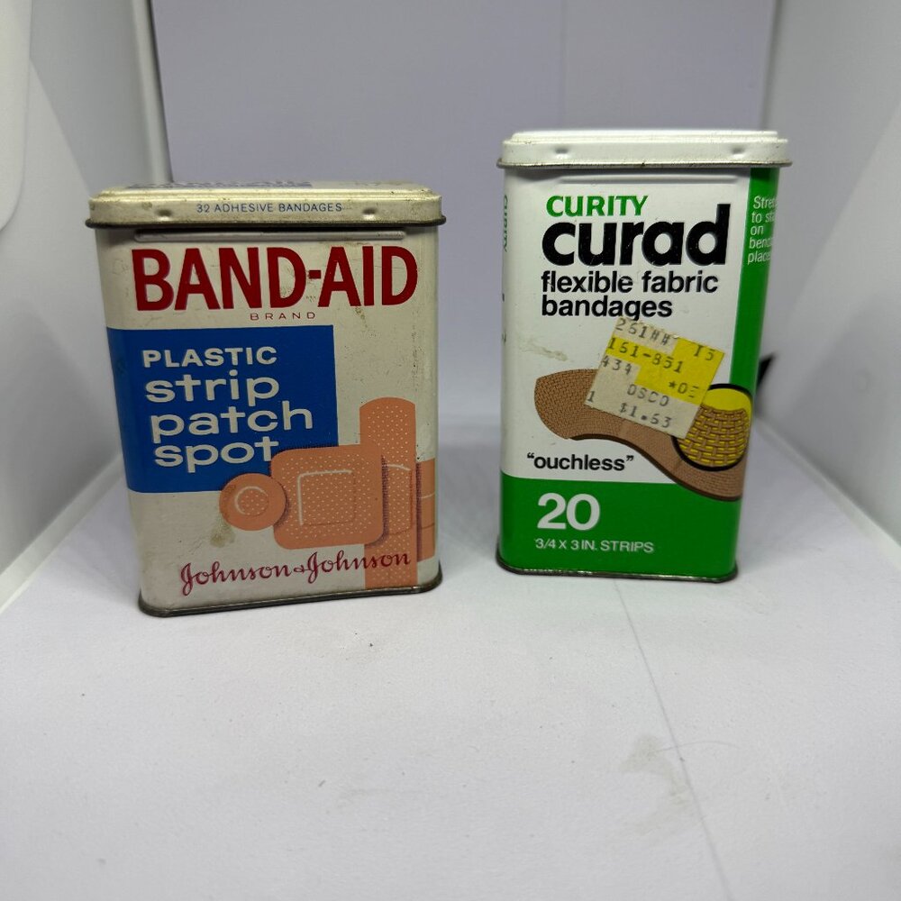 Lot of 2 Vintage Band-Aid and Curad First Aid Bandages Metal Tins